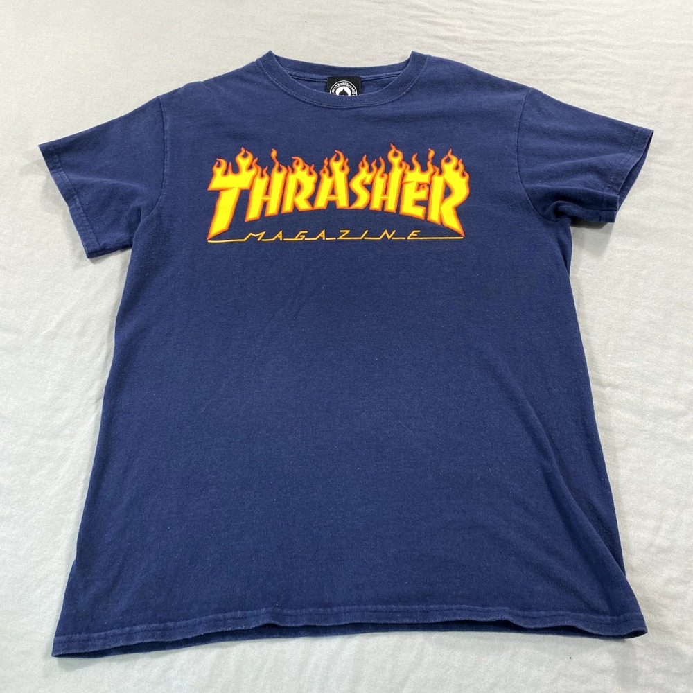 Thrasher Skateboard Magazine Shirt Mens Small Blue Yellow Flames Skate SF